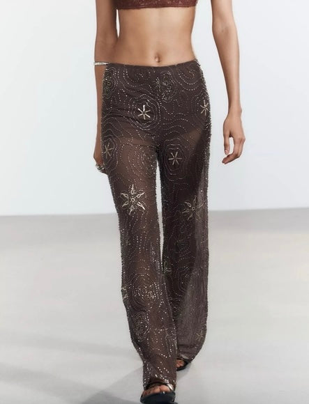 Brown Beaded Sequin Pants